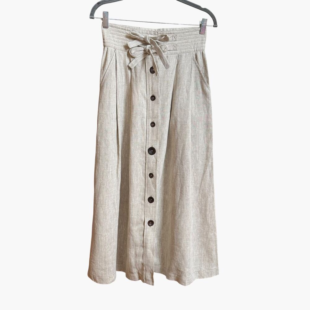 Isa Arfen Linen Maxi Skirt Size 8 Beige Button Front Tie Waist Made in Italy